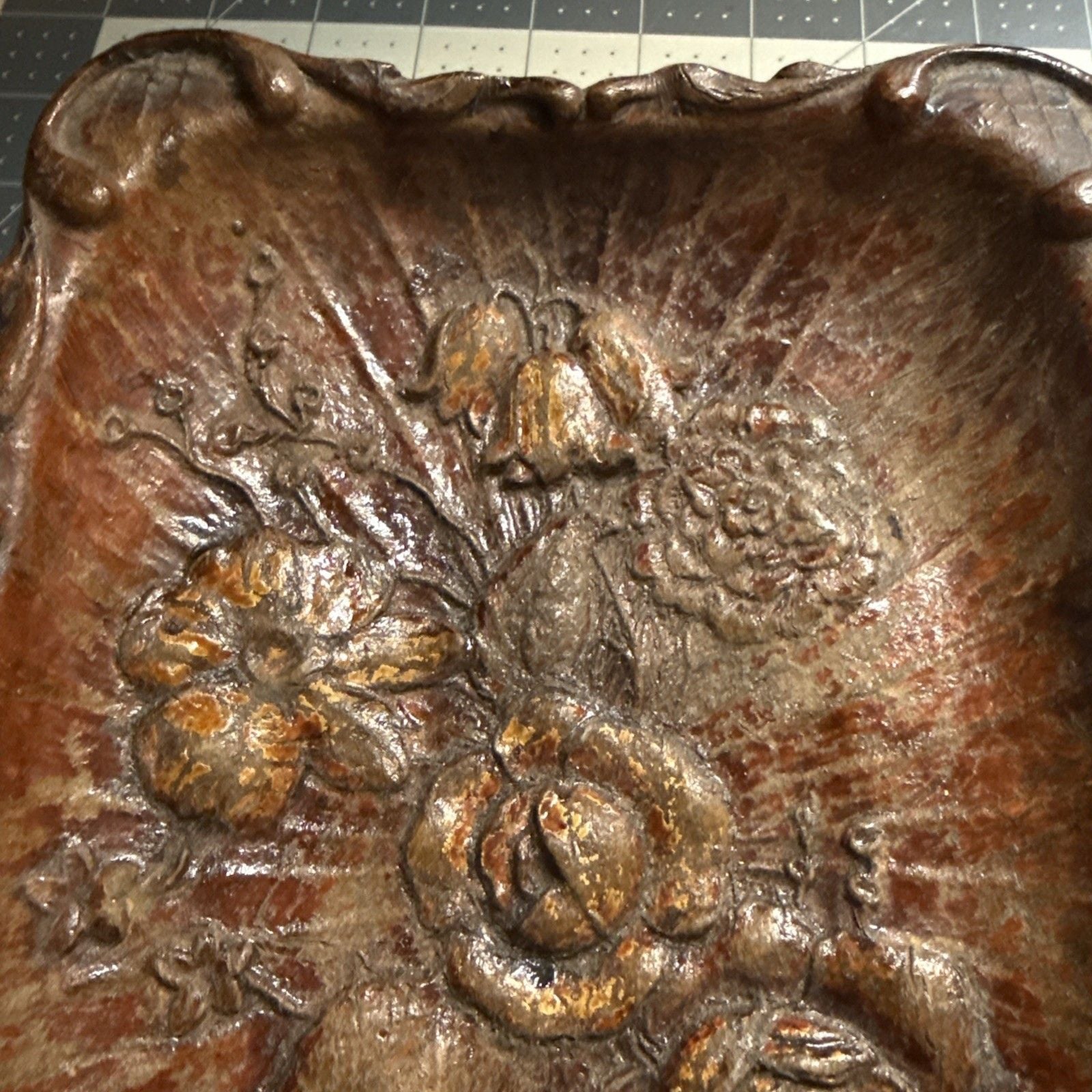 Carved Embossed Floral Wood Serving Tray, Dark Brown Glossy 12x8 7