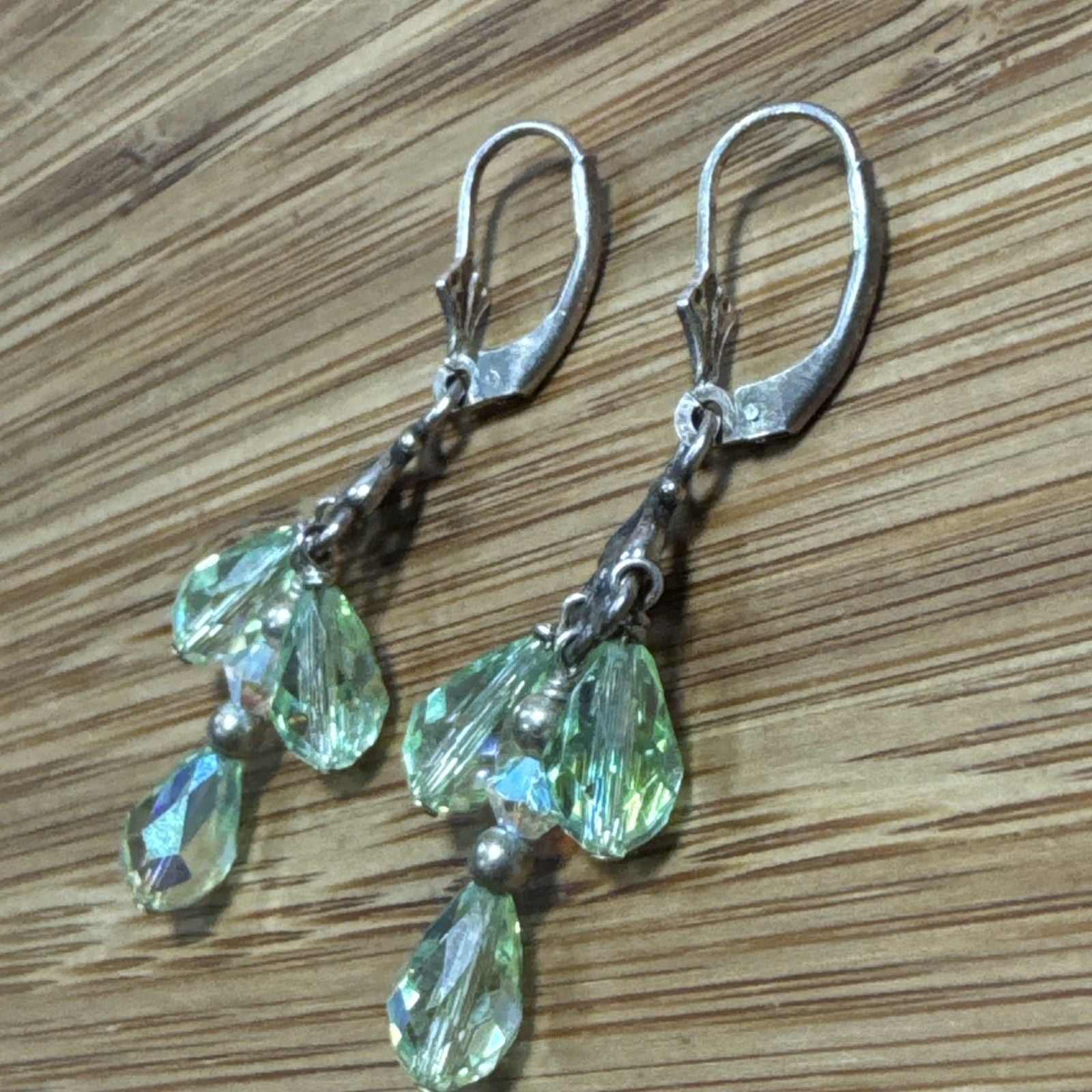 925 Sterling Silver Green AB Crystal Teardrop Dangle Leverback Earrings 4