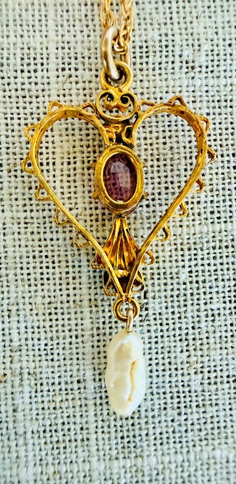 Antique Art Nouveau 12K GF Heart Lavalier Necklace Pink Stone Natural Pearl 9