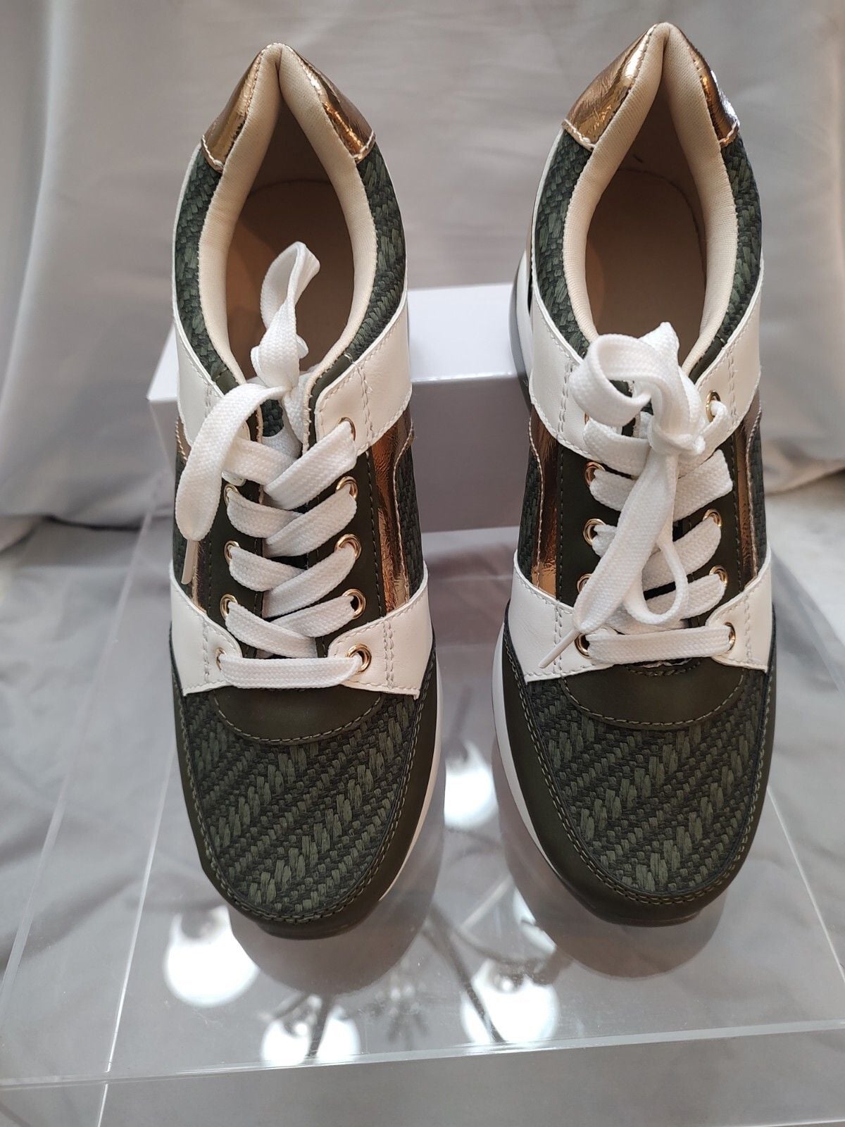 Women’s Green Wedge Sneakers White Rose Gold Lace Up Hidden Heel Fashion Shoes 12