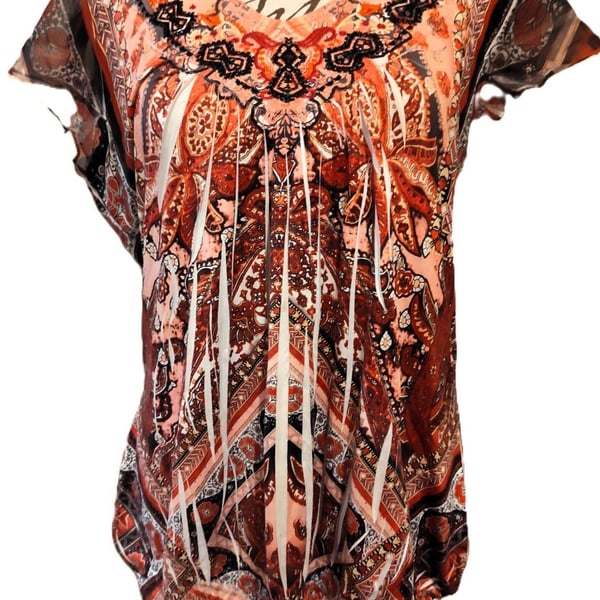 Apt. 9 Flutter Short Sleeve Pleated Bohemian Blouse w Embroidered Neckline Sz M