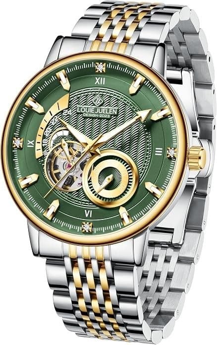 Louie Juelen Men Automatic Skeleton Watch Green Dial Two-Tone Gold Silver Steel 2