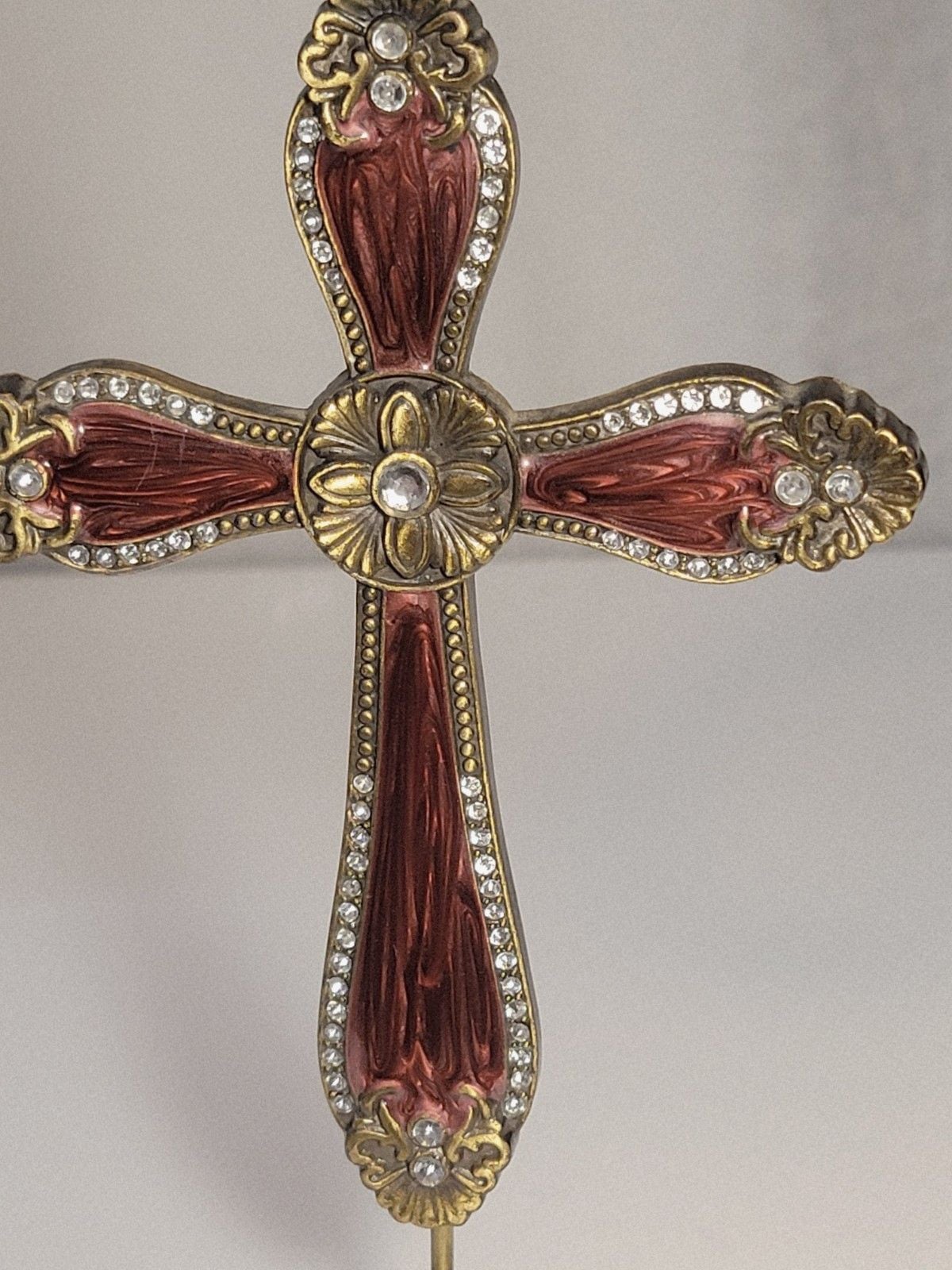 Vintage Style Ornate Red Enamel Rhinestone Cross Ornament on Metal Display Stand 7
