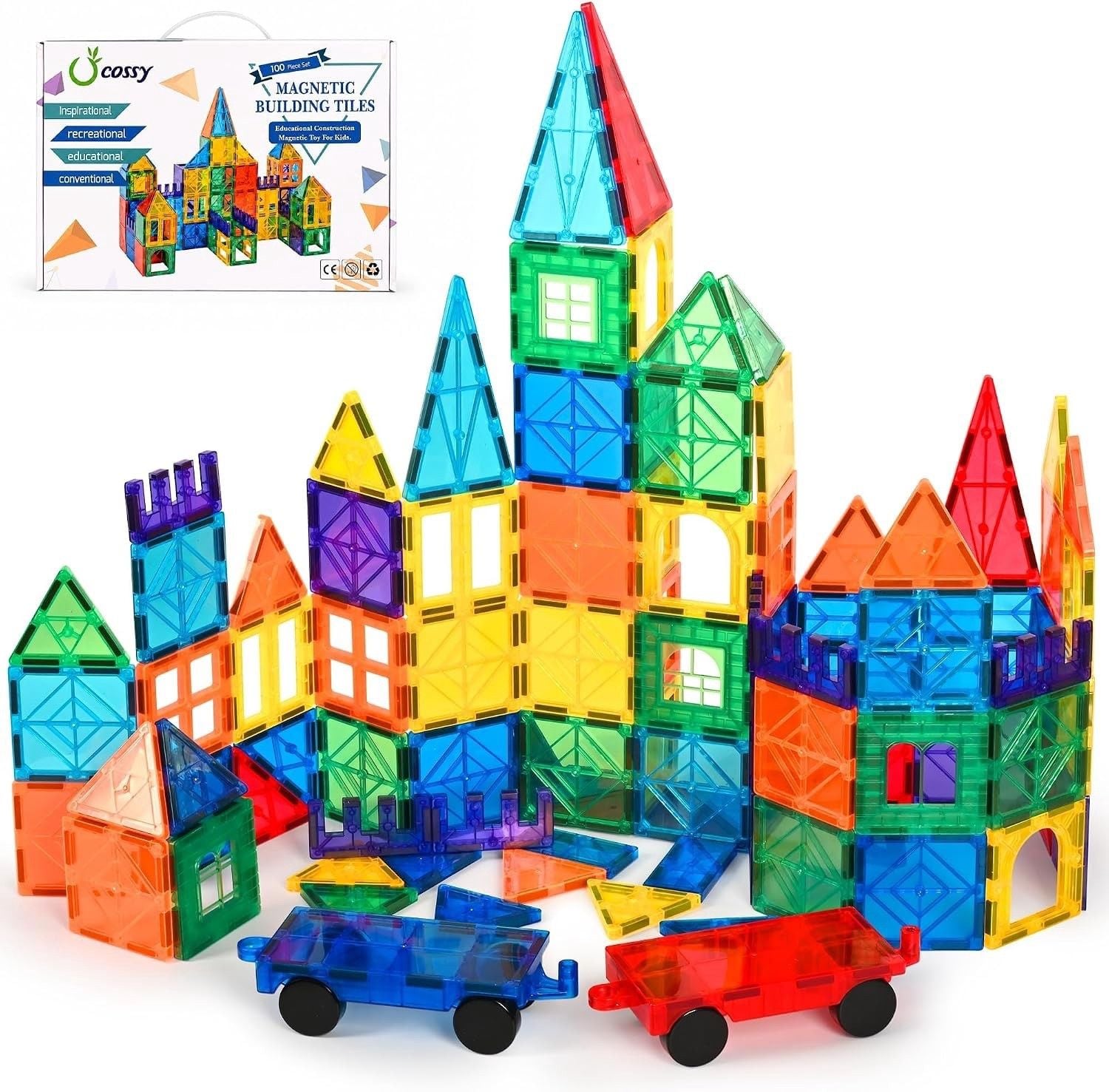 100 Pcs Magnetic Tiles, Magnet 3D Building Blocks Set with 2 Cars 1
