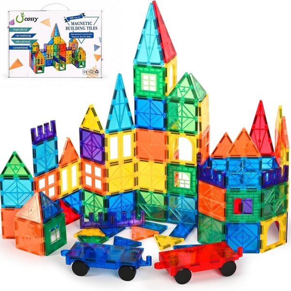 100 Pcs Magnetic Tiles, Magnet 3D Building Blocks Set with 2 Cars