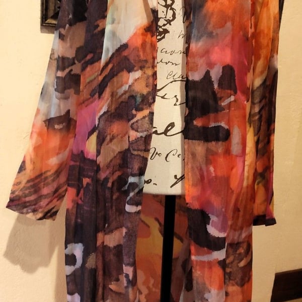 NWT Beautiful ADORE Sheer Open Front Watercolor Shimmer Coral Duster Jacket Sz S