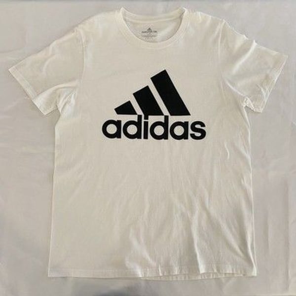 Adidas Men's White Crew Neck T-Shirt with Black Logo Stripe Size L