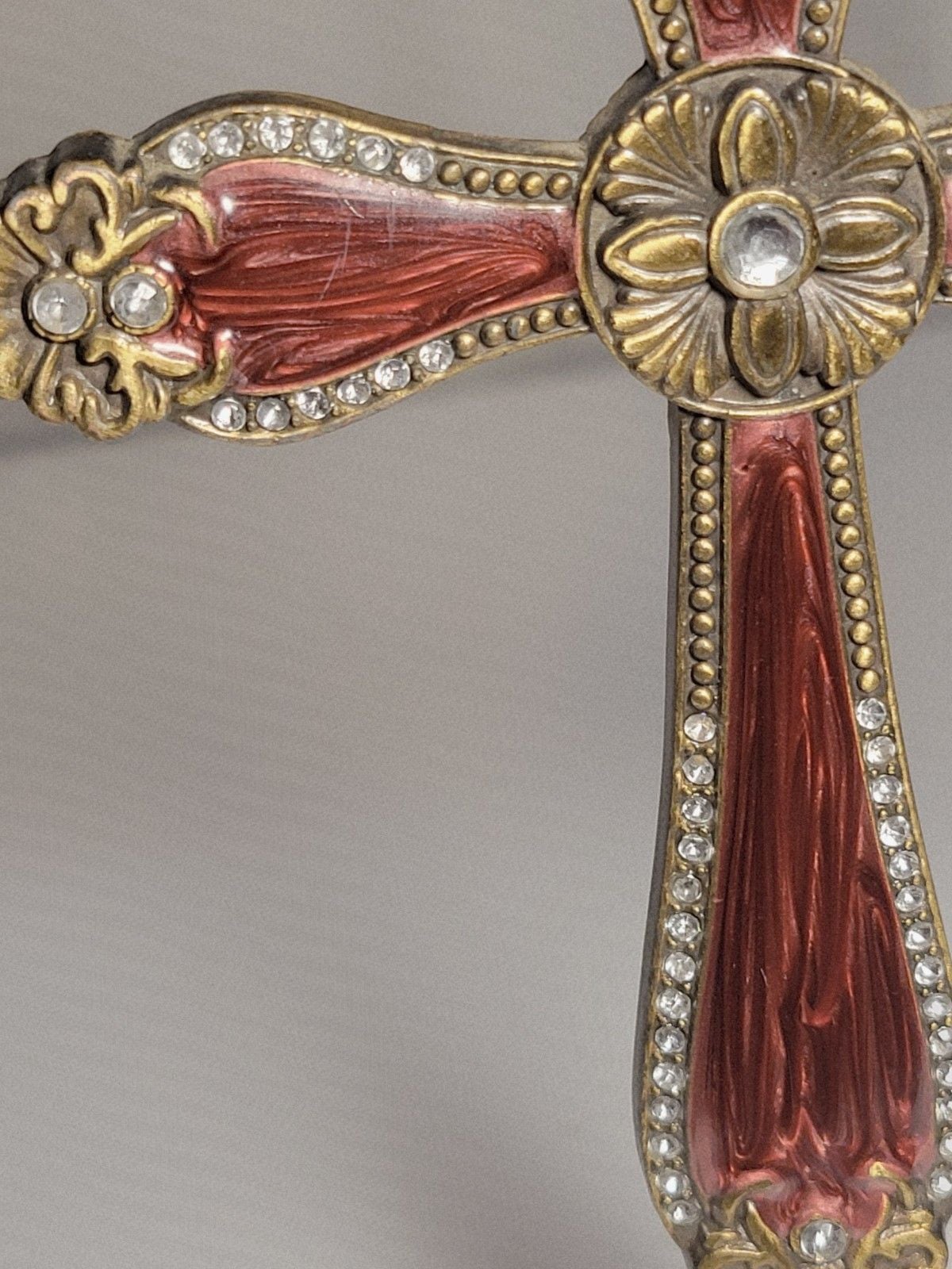 Vintage Style Ornate Red Enamel Rhinestone Cross Ornament on Metal Display Stand 8