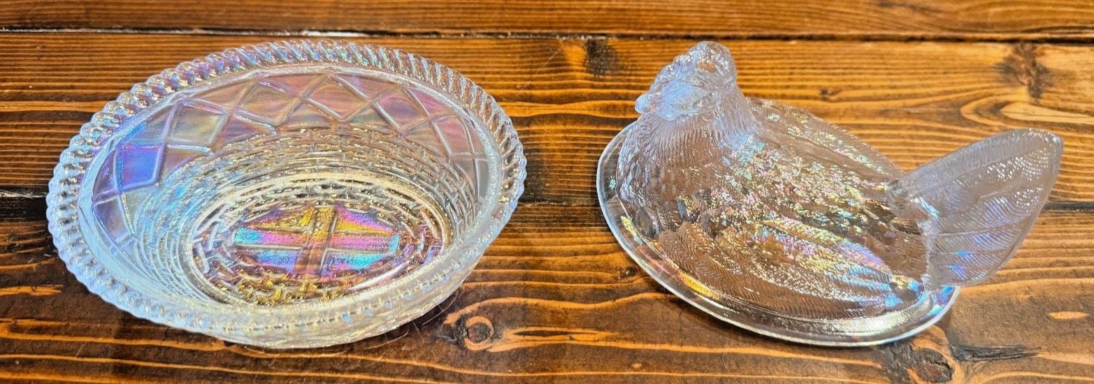 Vintage Mosser Glass Clear Iridescent Hen Nest Covered Dish Carnival Farm Decor 2