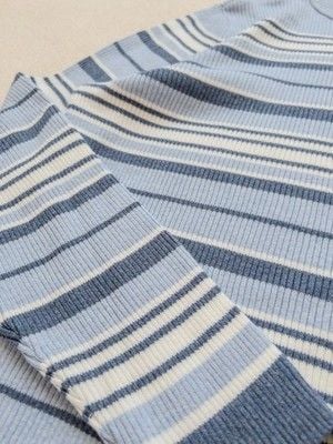 90s Striped Cotton Mock Neck Ribbed Sweater Navy Blue White Size Petite Large 4