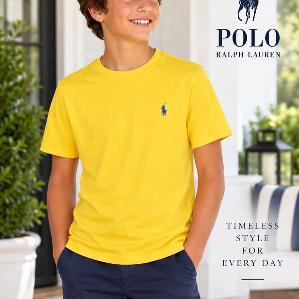 Polo Ralph Lauren Boys T-Shirt Yellow Blue Pony Logo Size L 14-16 100% Cotton
