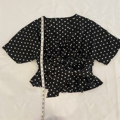 Womens Blouse Short Sleeve V-Neck, Banded Waist, Polka Dots Medium 7