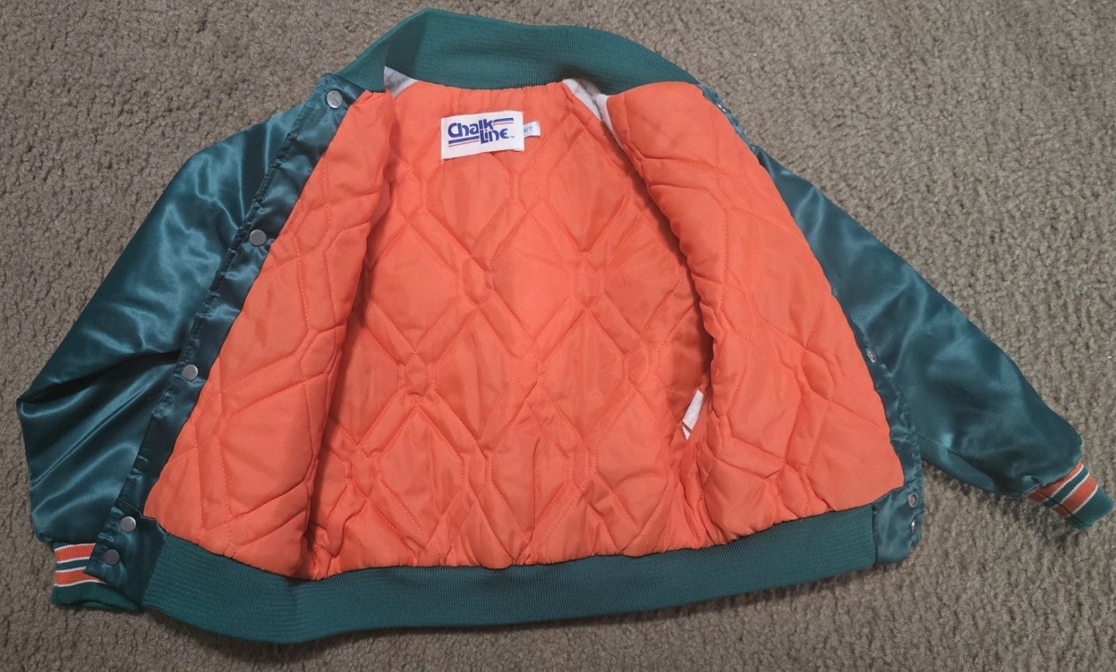 VTG 90s NFL MIAMI DOLPHINS CHALK LINE SATIN JACKET BOMBER SPELLOUT KIDS SZ 6/7 9