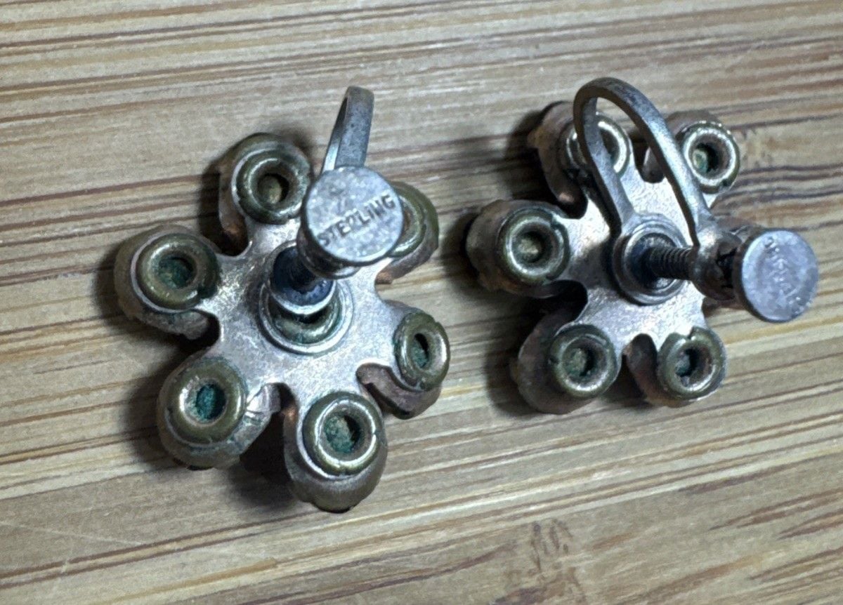 Vintage Sterling Silver Garnet Flower Screw Back Earrings Floral Cluster 5