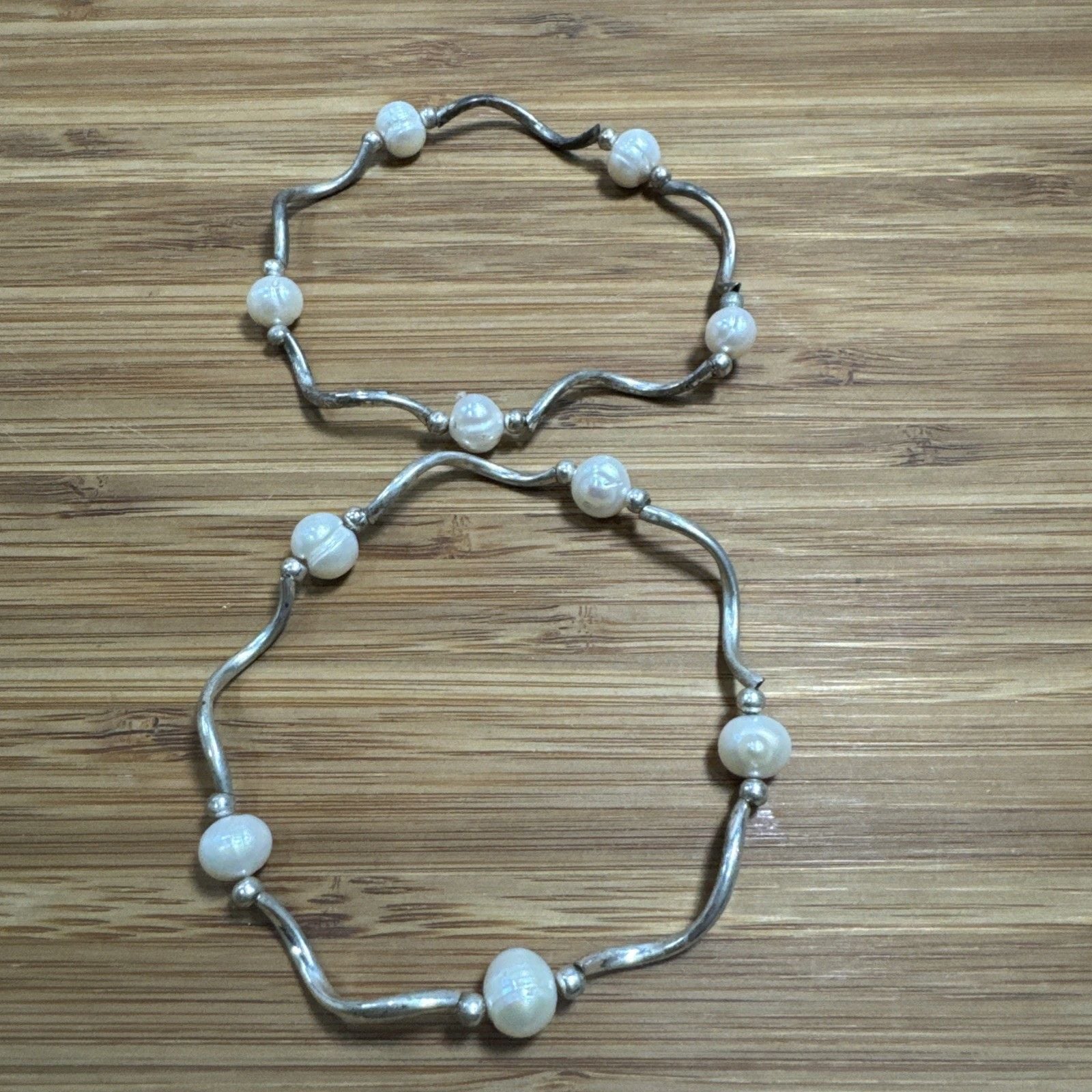 Vintage Silver Plated Genuine Pearl Wave Stretch Bracelets Set of 2 2