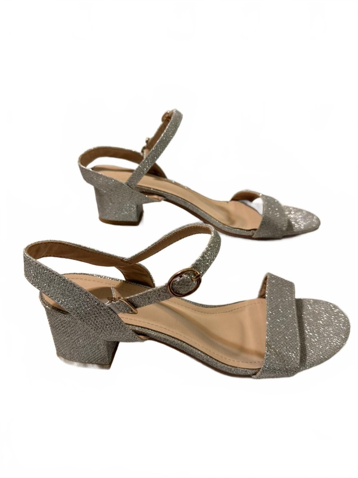 Silver Glitter Ankle Strap Block Heel Sandals, Size 42, USA 10.5 3