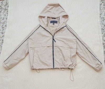 Tommy Hilfiger Windbreaker Jacket Mens Large Beige Hooded Full Zip Mesh Lined L 3