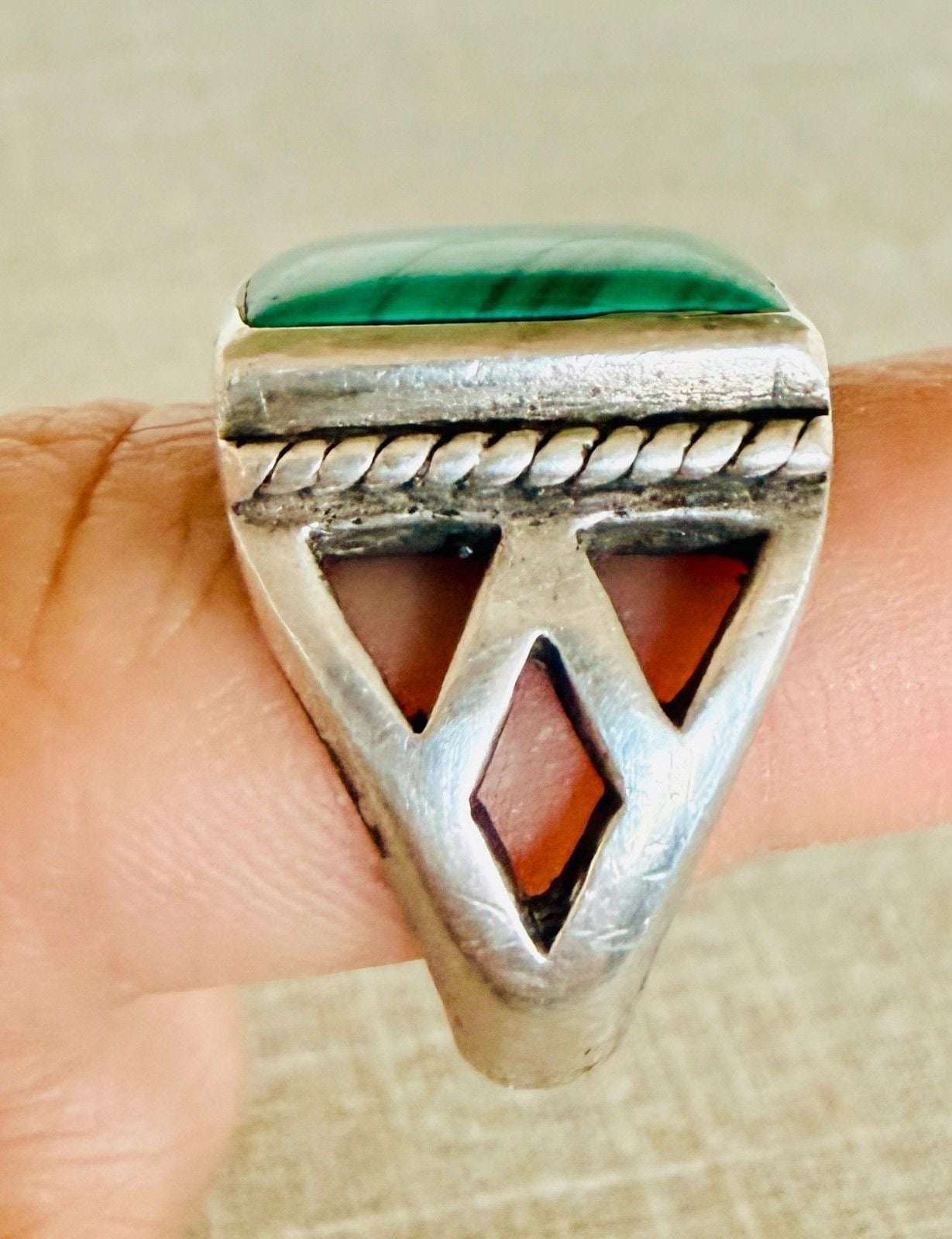 Sterling Silver Large Square Malachite Ring Southwestern Size 7 Statement 8