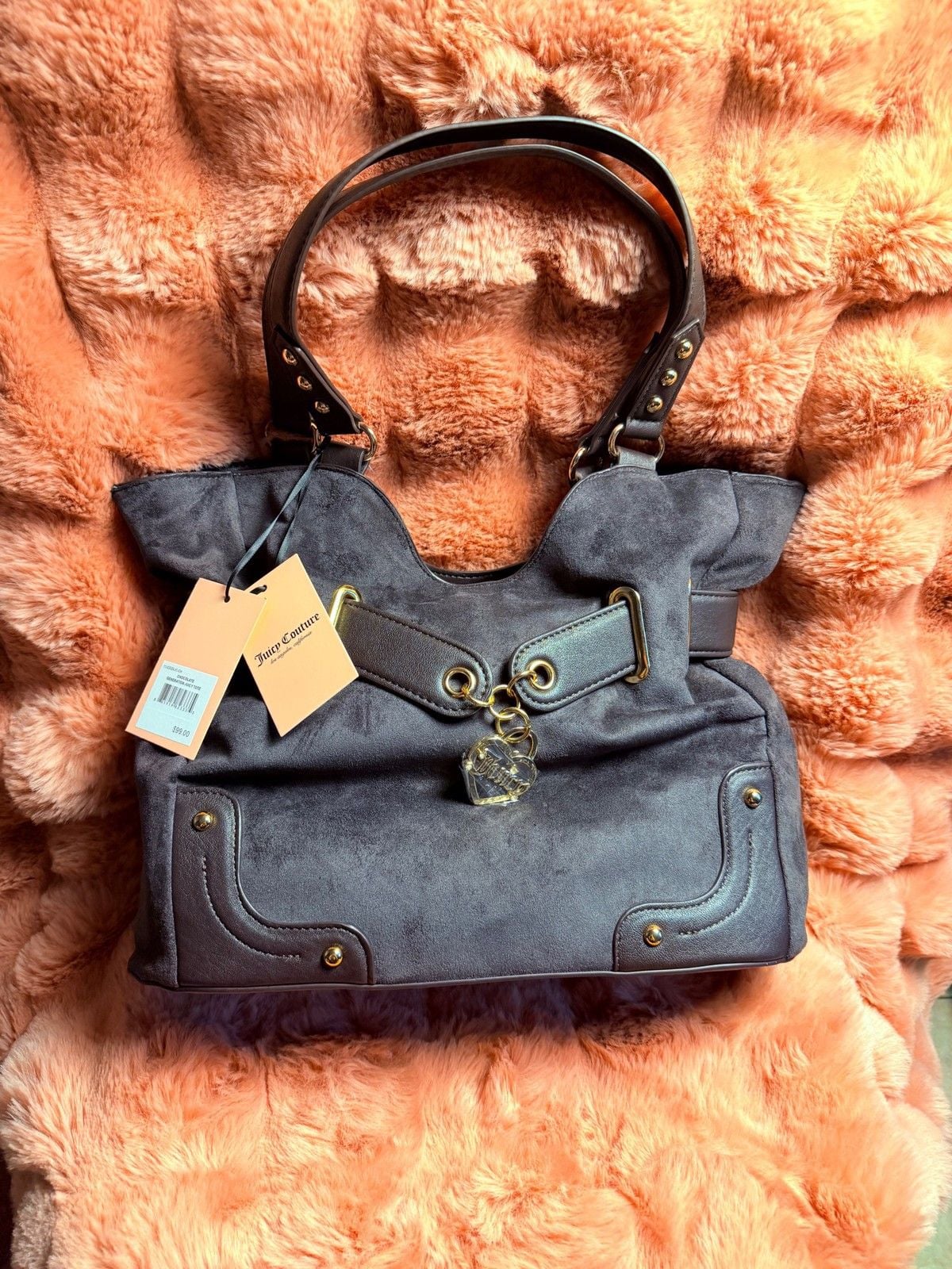 Juicy Couture Dark Brown Suede Leather Handbag with Gold Hardware 2