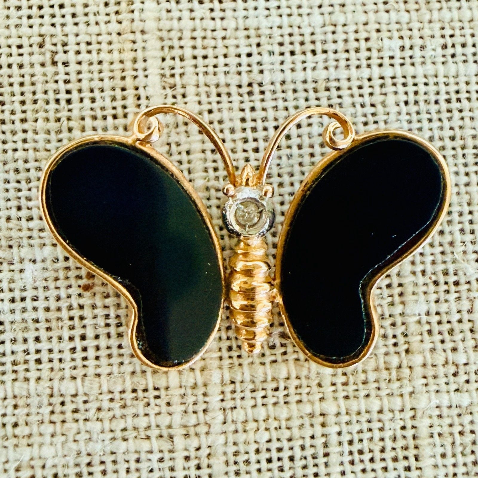Vintage 14K Gold Black Onyx Butterfly Brooch | Diamond Accent 2.2 g 2