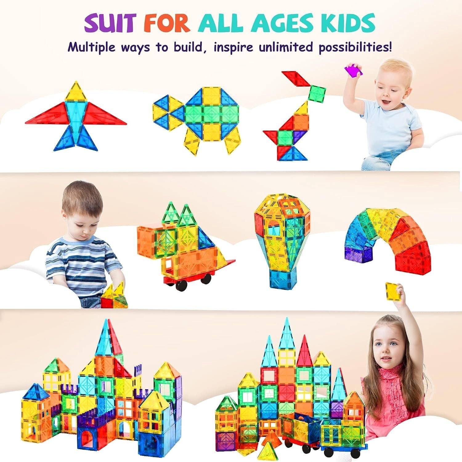 220 Pcs Magnetic Tiles, 3D Magnetic Blocks Set with 2 Cars, STEM Toys 3