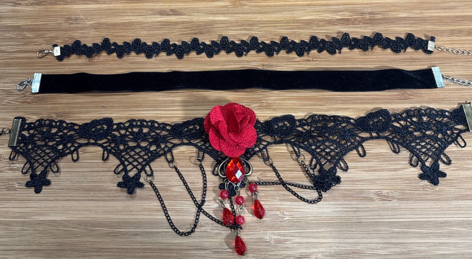 Black Lace and Red Rose Necklace Gothic Vampire Choker Victorian Style Set 4