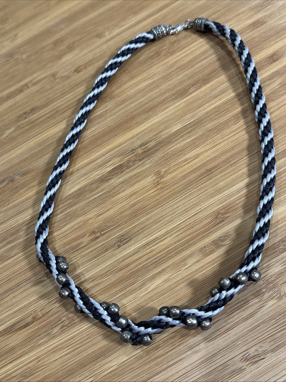 Black Silver Braided Cord Beaded Necklace Gunmetal Goth Witch Halloween Boho 2