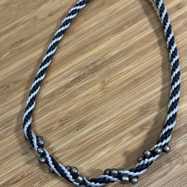Black Silver Braided Cord Beaded Necklace Gunmetal Goth Witch Halloween Boho