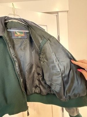 Vintage Field and Stream Bomber Jacket Mens Large Green Wool & Blue Suede 11