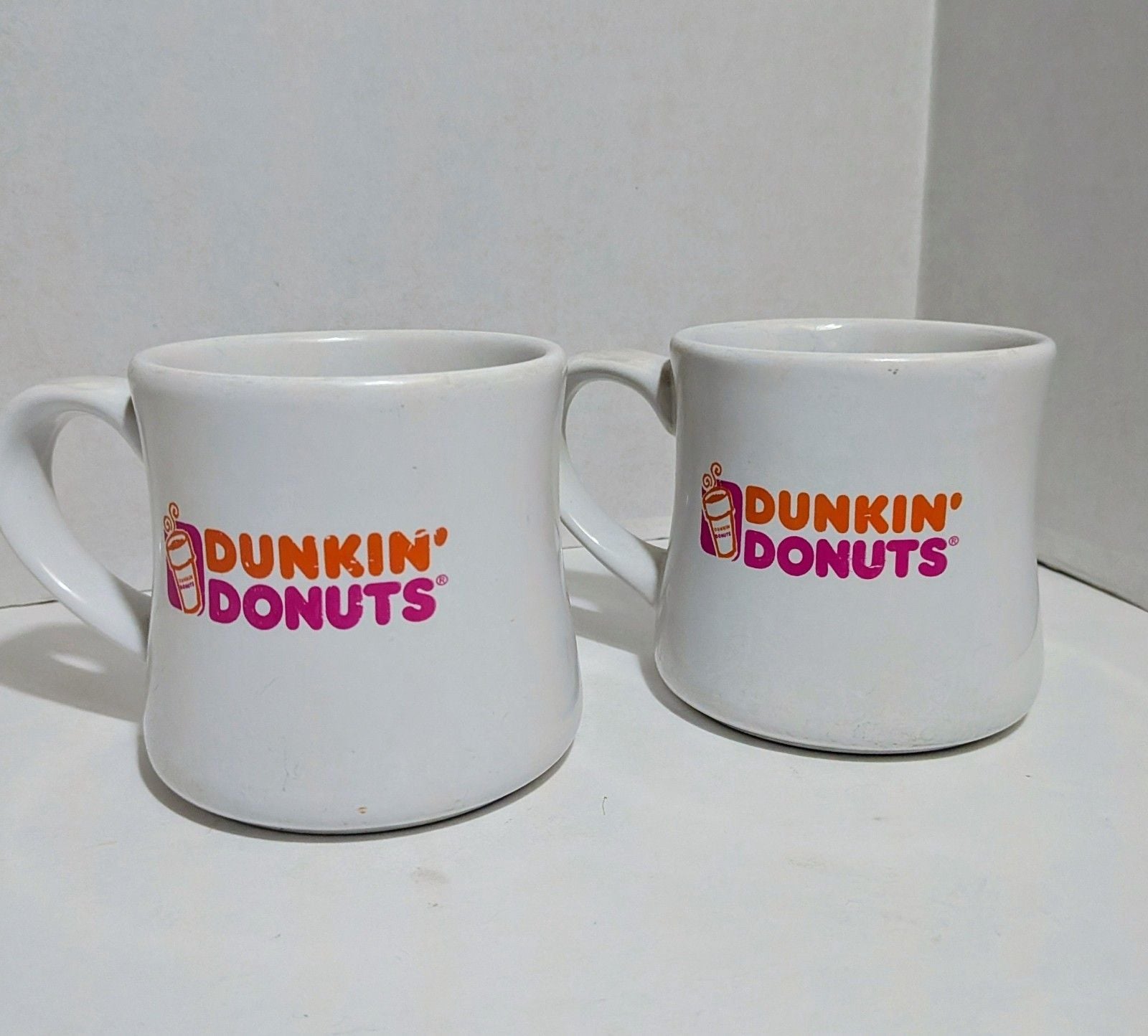 2 Dunkin Donuts Mugs Diner 12oz White Orange Pink Logo Coffee Cup Vintage Retro 2