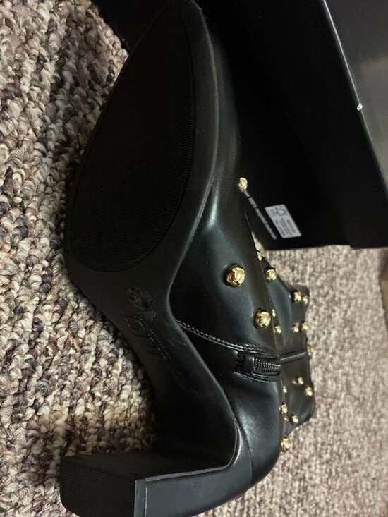 Women’s sz 7.5 new in box black gold studded zip up heeled boots I. N. C. 4