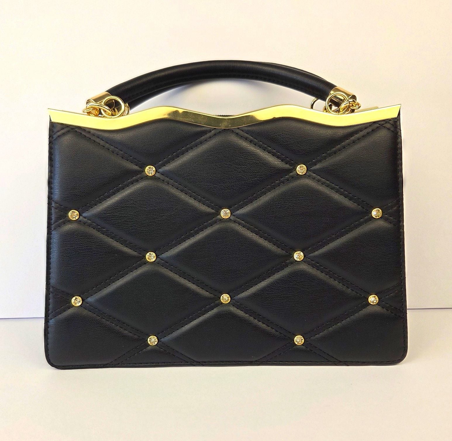 Grossi Black Quilted Rhinestone Handbag Purse Wavy Gold Frame Vintage 2