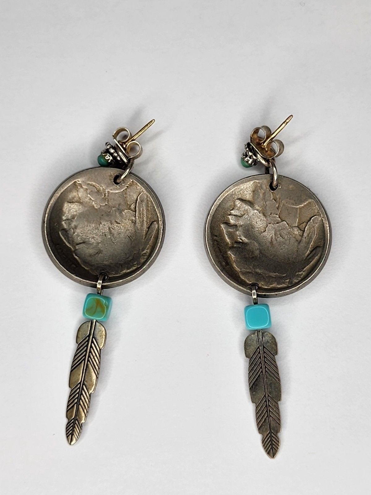 Vintage Sterling Silver Feather, Turquoise, Buffalo Nickel Earrings 3