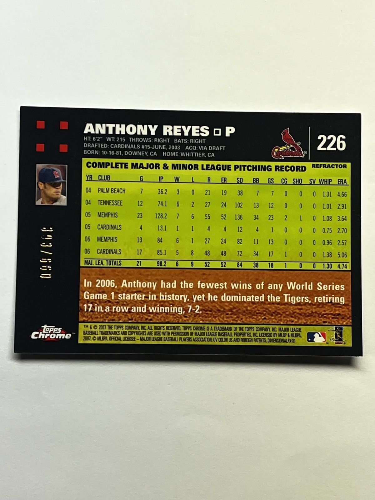 2007 Topps Anthony Reyes #226 Chrome Refractor /660 St. Louis Cardinals 2