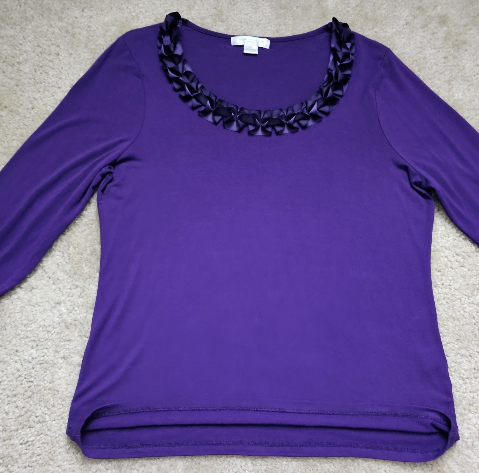 August Silk Women's XL Purple 3/4 Sleeve Top Satin Ruffle Rosette Trim Scoop Nec 5