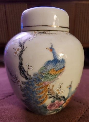 Vintage Japanese Ginger Jar / Urn with Lid- Peacocks Roses 1