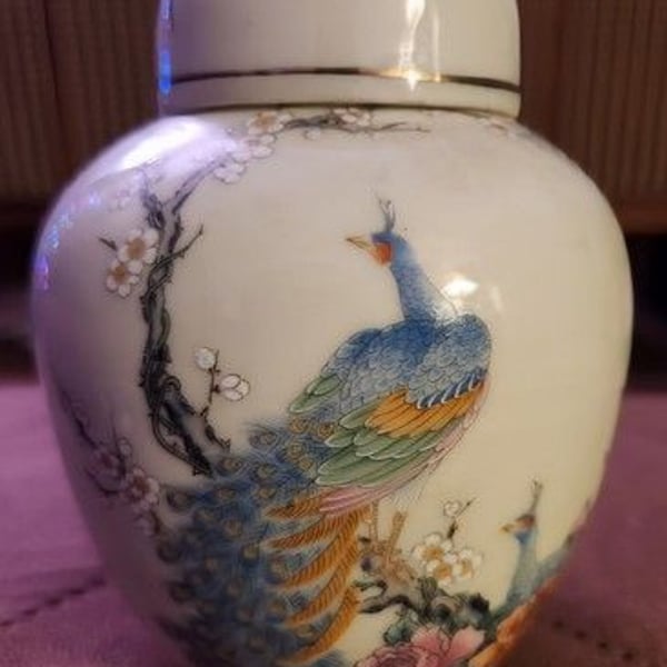 Vintage Japanese Ginger Jar / Urn with Lid- Peacocks Roses