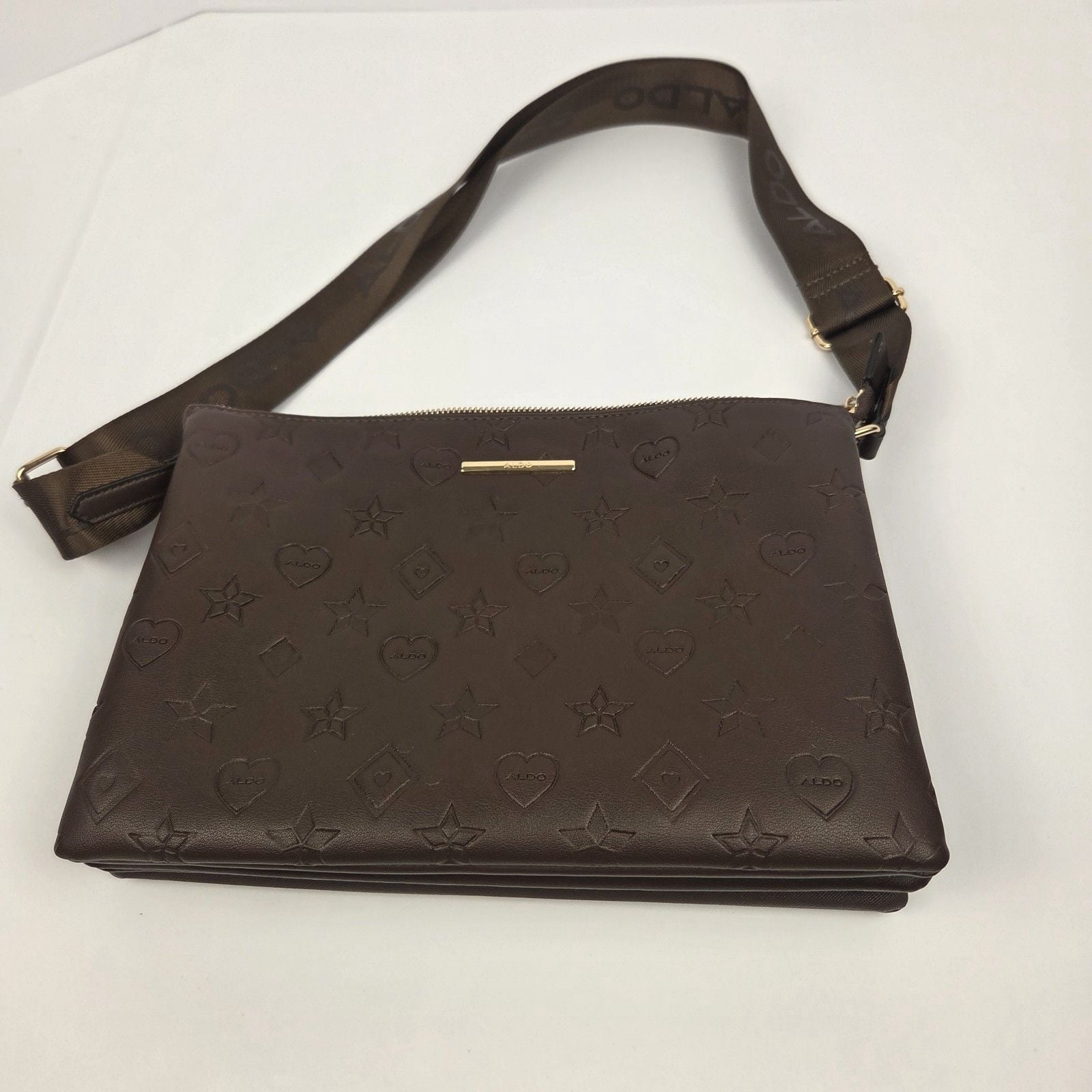 ALDO Brown Embossed Logo Crossbody Bag Zip Closure Adjustable Strap Pockets 9
