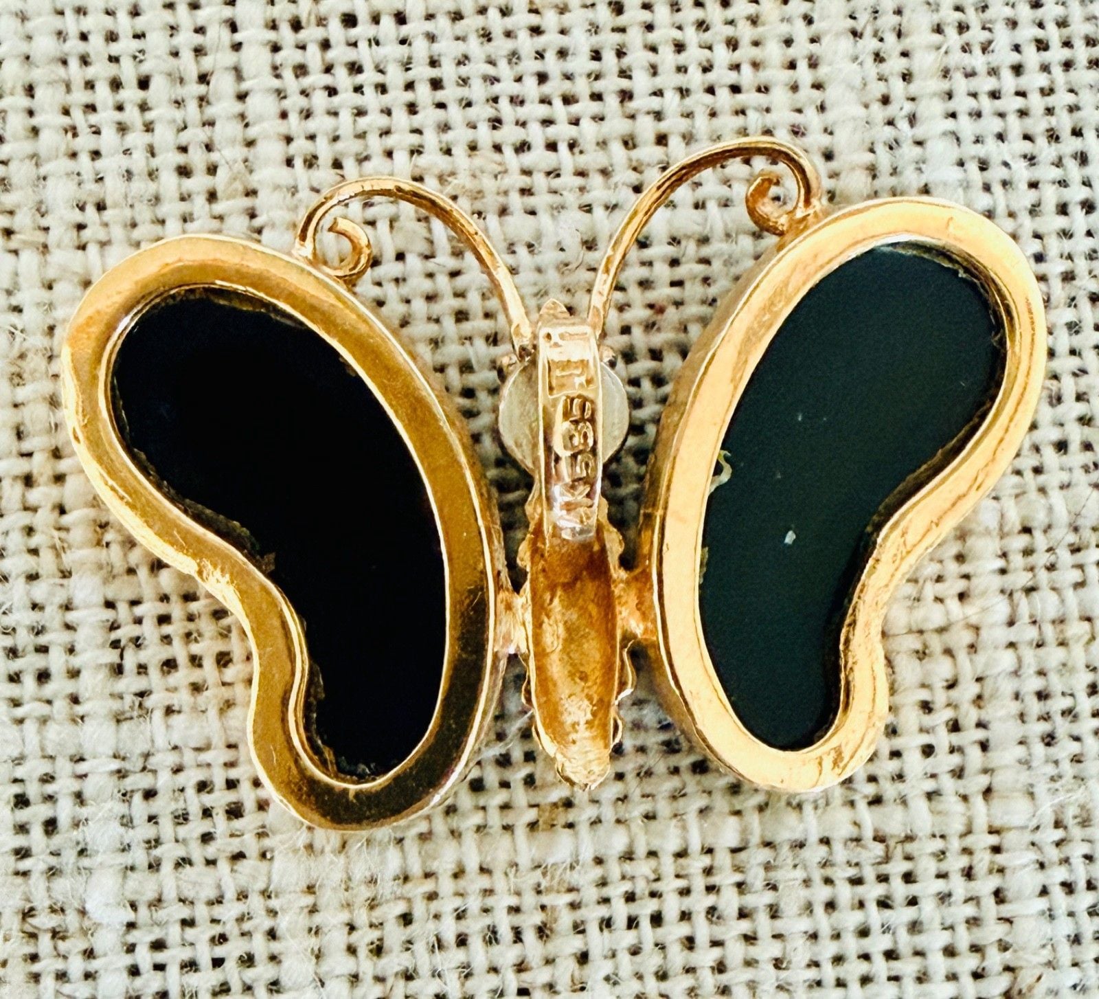 Vintage 14K Gold Black Onyx Butterfly Brooch | Diamond Accent 2.2 g 9