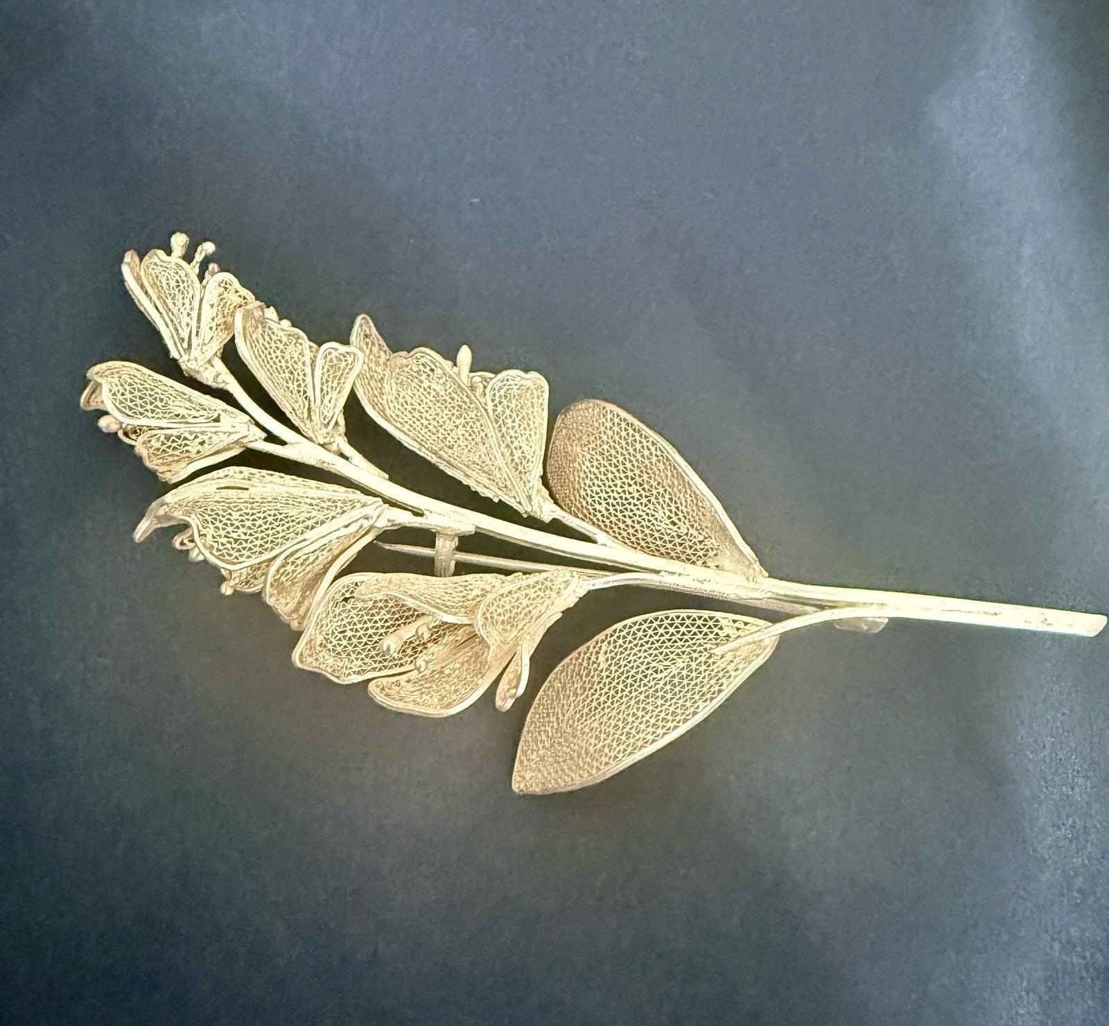 Large Vintage Silver Filigree Flower Spray Brooch Spun Mesh Portuguese 8