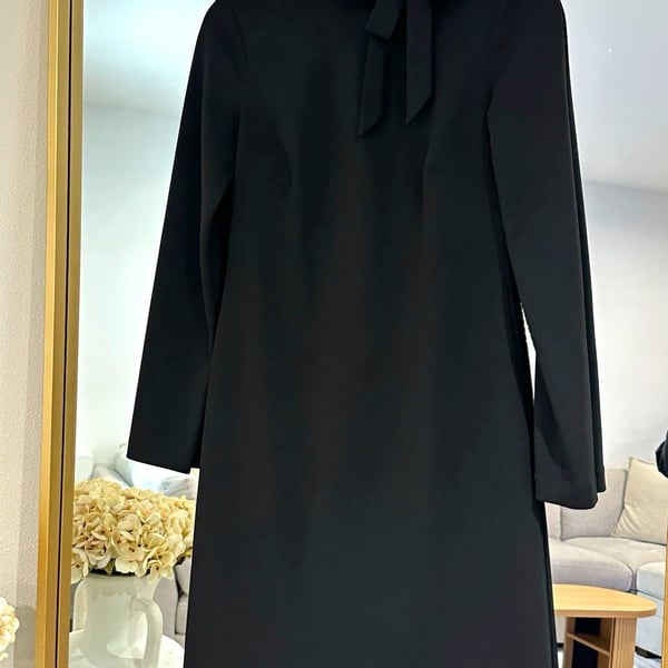 Calvin Klein Women’s Size 2 Black Shift Dress Long Sleeve Mock Neck Asym Bow Zip