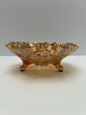 Vintage Imperial Glass Open Rose Marigold Carnival Glass 3 footed bowl 1