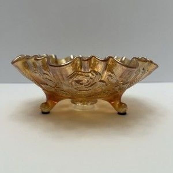 Vintage Imperial Glass Open Rose Marigold Carnival Glass 3 footed bowl