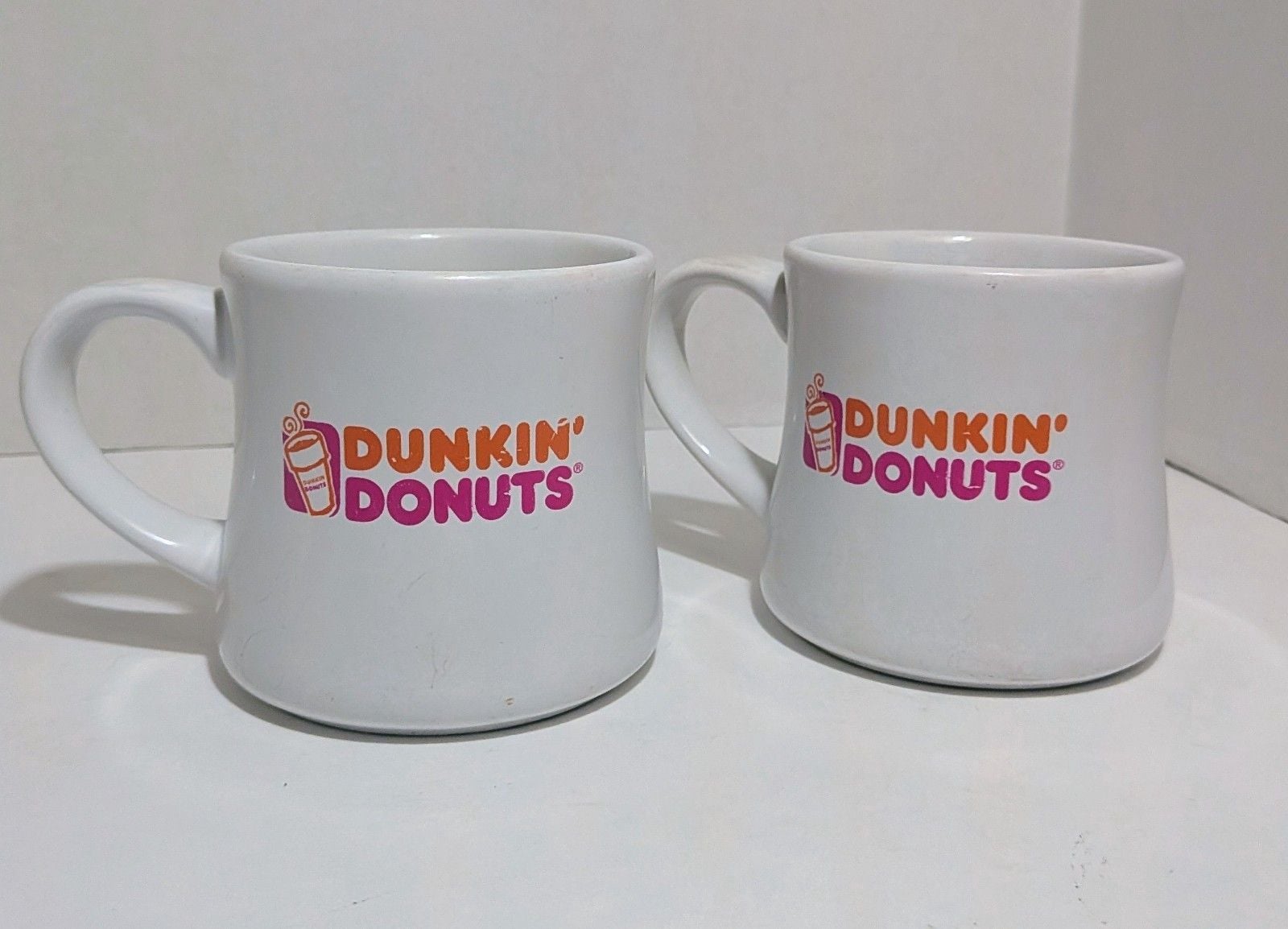 2 Dunkin Donuts Mugs Diner 12oz White Orange Pink Logo Coffee Cup Vintage Retro 3