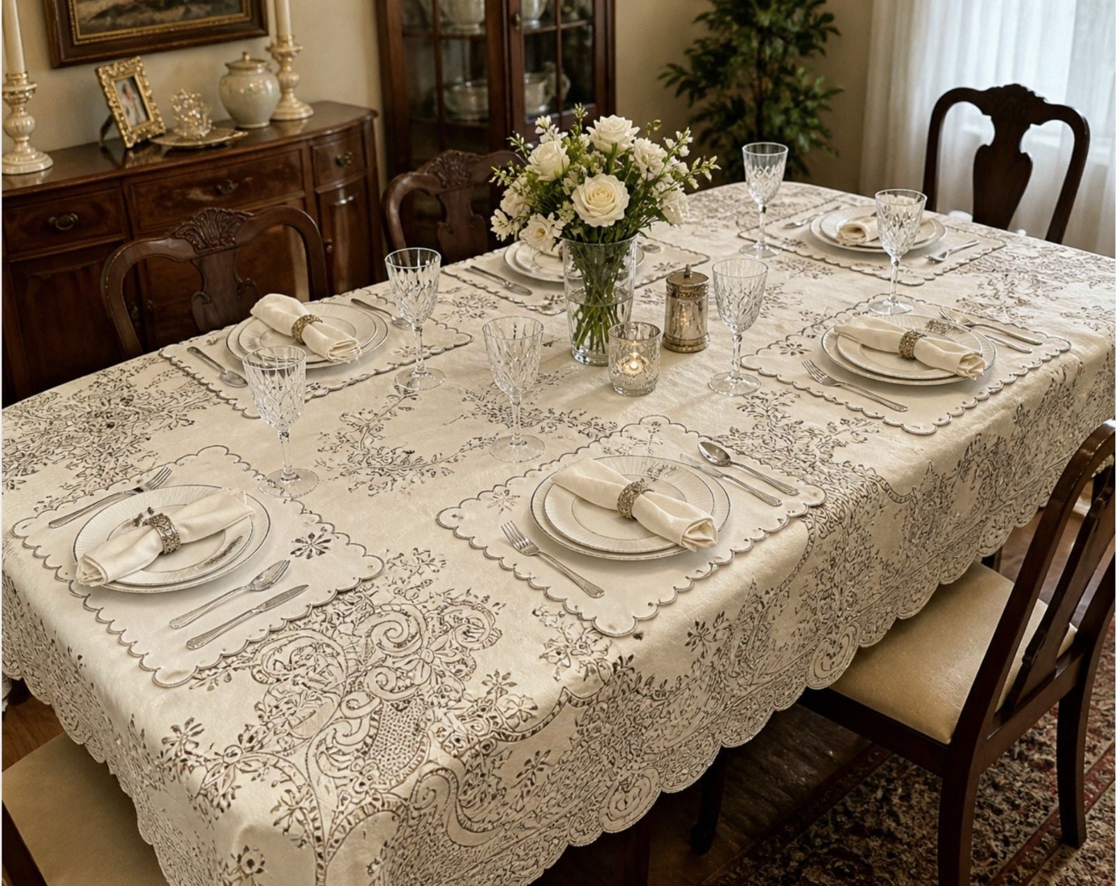 Handmade Dining Table Liner/Cover Set Embroidered Satin Floral Elegant ~7 Piece 8