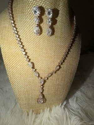 Rose Gold Cubic Zirconia Teardrop bridal Jewelry Set Necklace & Earrings 11