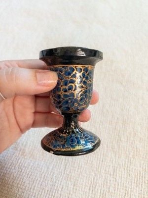 Vintage Kashmiri Paper Machê Candle Holder Hand Painted Lacquer Blue Gold Floral 4