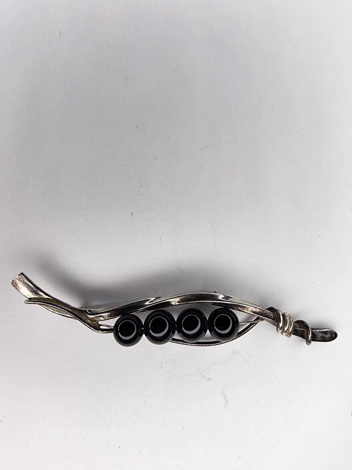 Vintage Sterling Silver Onyx Bead Brooch Pin 2