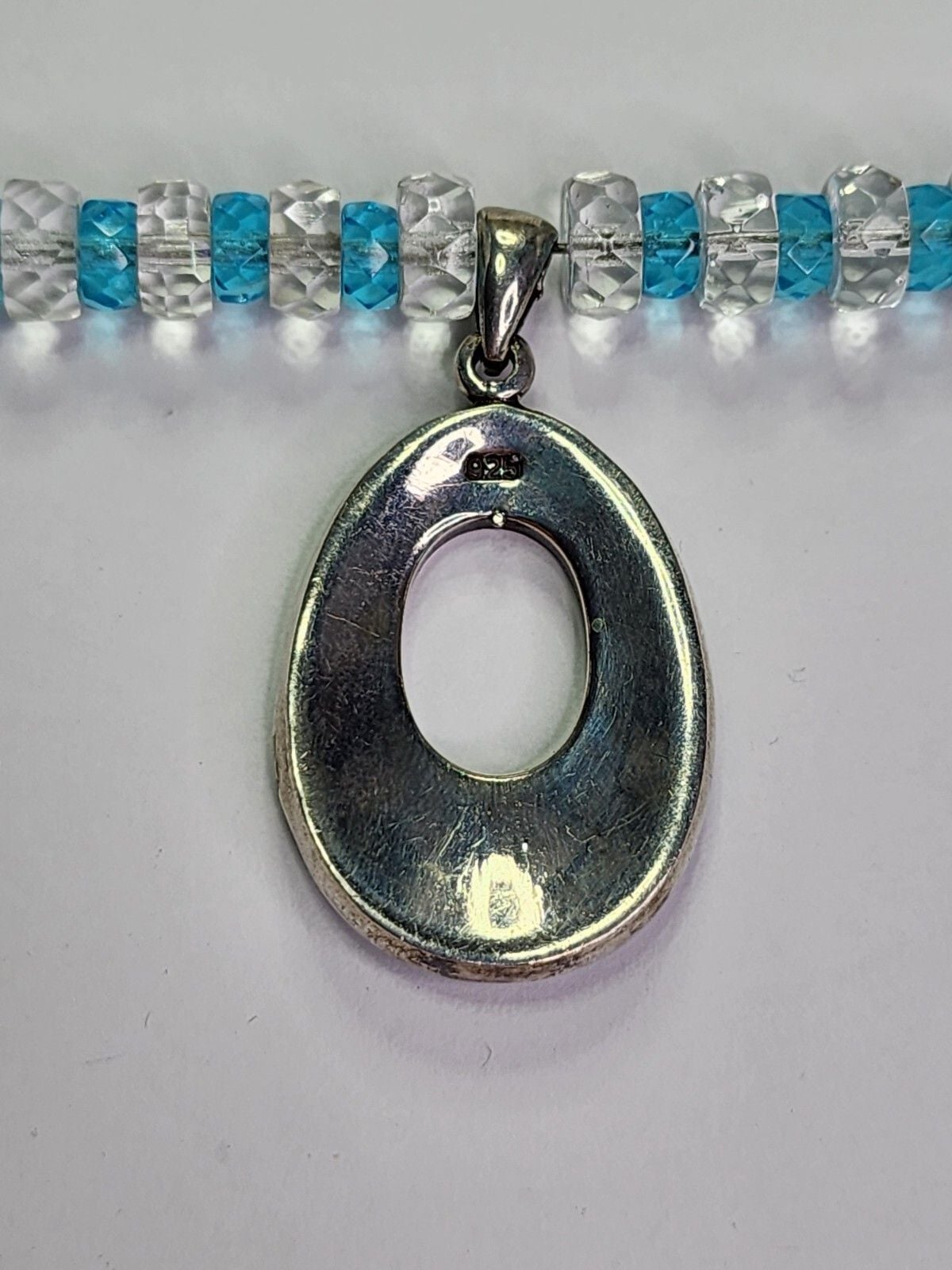 Sterling Silver Blue Mother Of Pearl Inlay Pendant On Blue and White Necklace 4