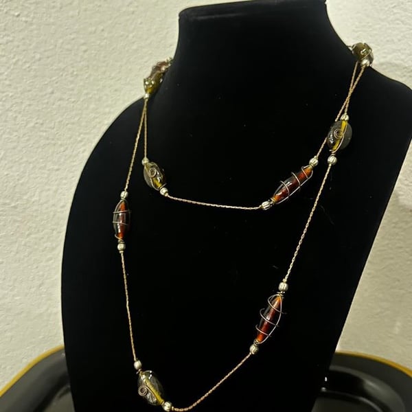 Long Beaded Necklace - Orange & Green Glass Beads with Gold Accents - Fairycore Cottagecore Style